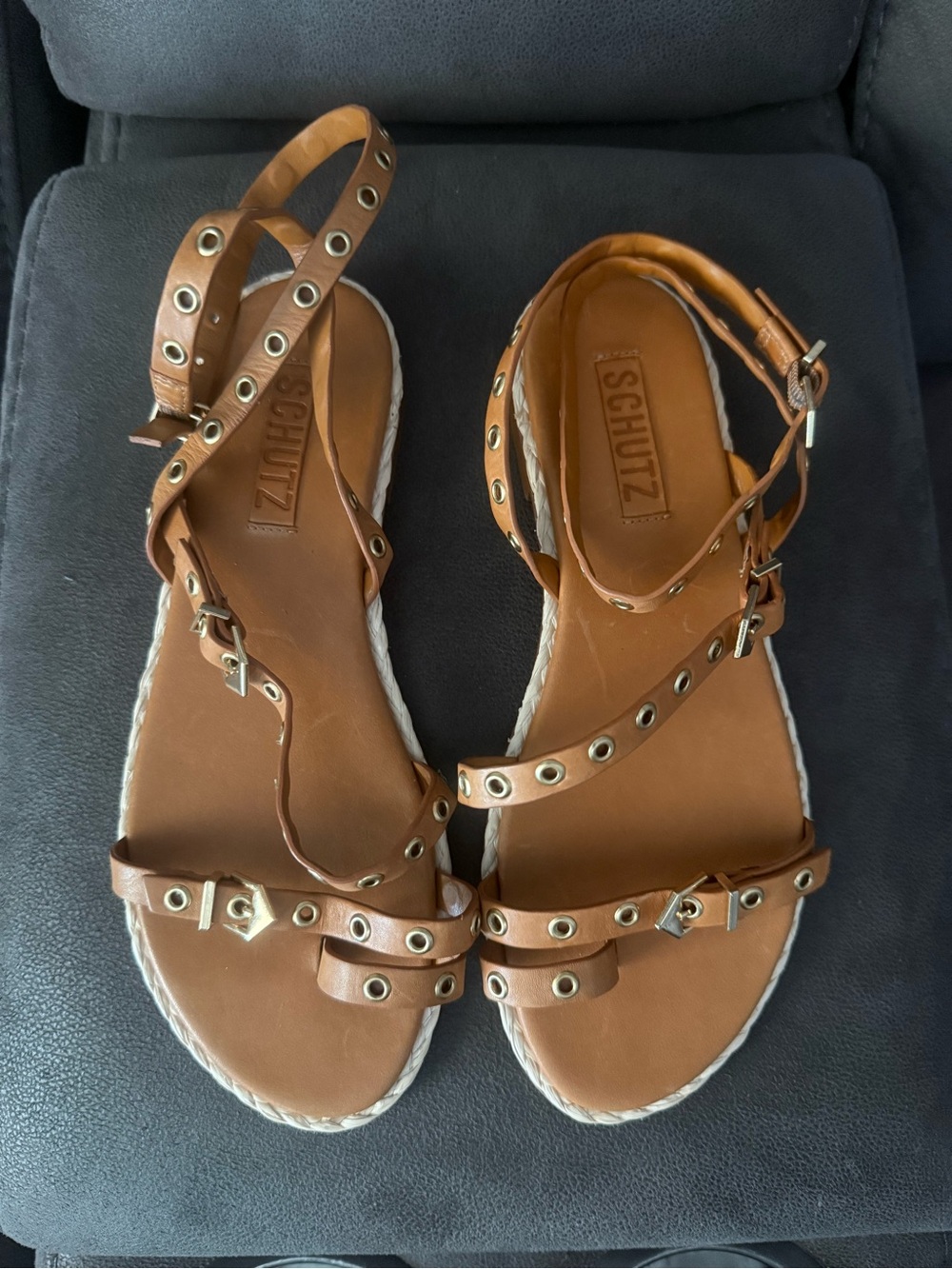 Schutz Studded Ankle-Strap Leather Sandals - Tan size7 - Picture 2 of 7